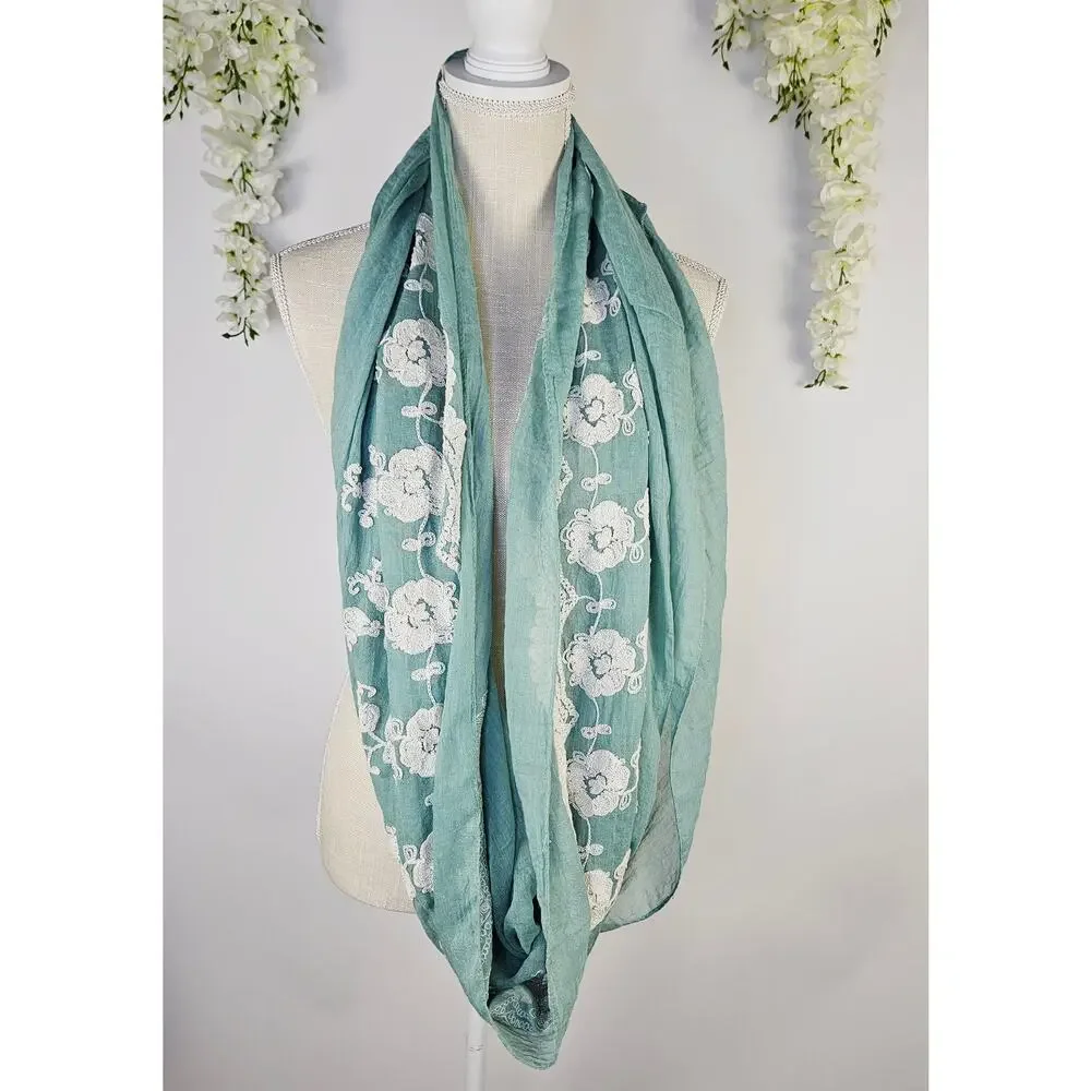 Do Everything With Love Mint Green Floral Embroidered Infinity Scarf Boho Lace